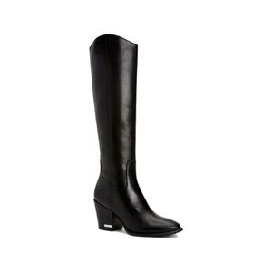 NWT CALVIN KLEIN Womens Black Massie Almond Block Heel Leather Heeled Boots 5.5